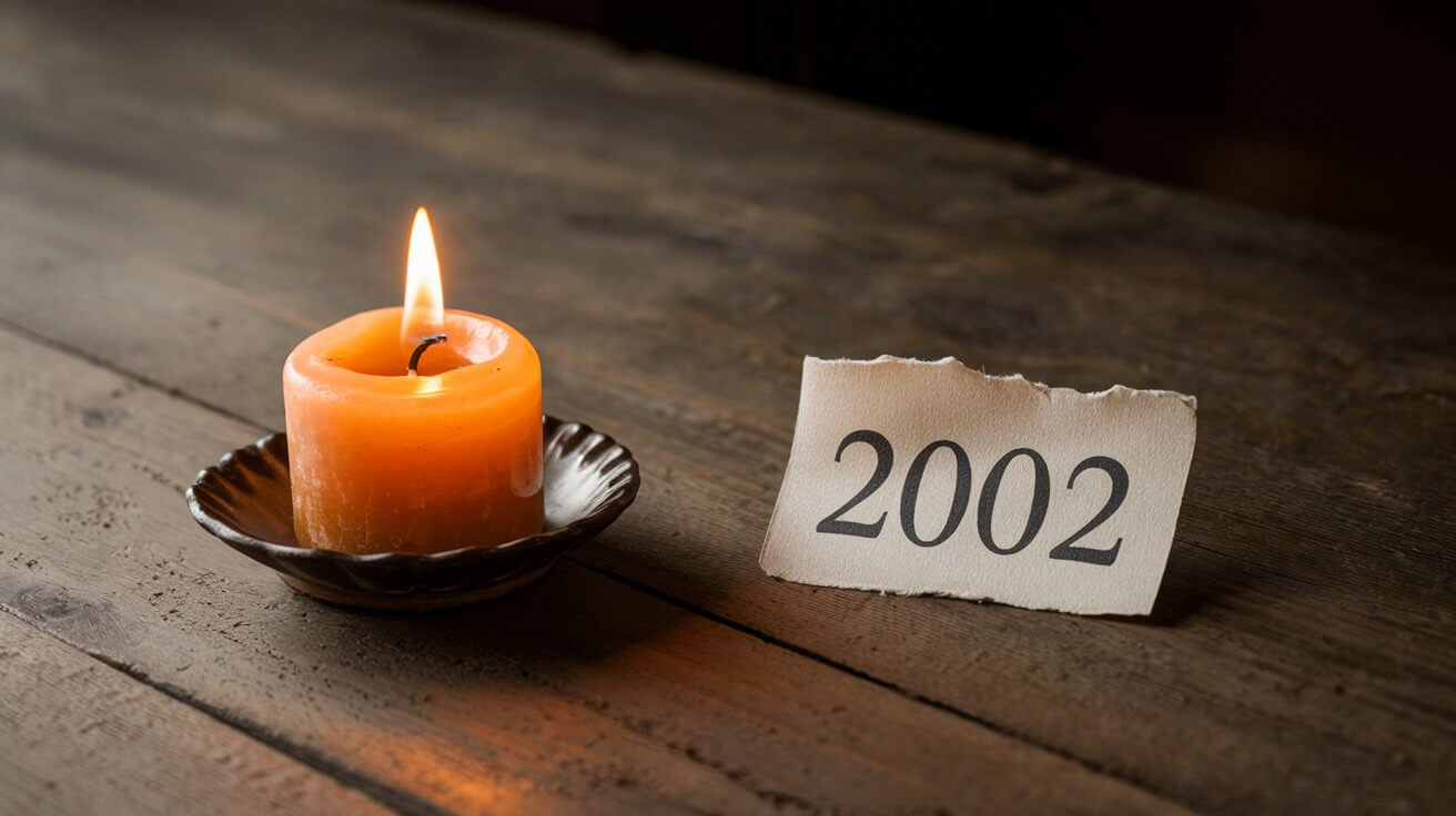 vela em cima da mesa com um papel escrito 2002