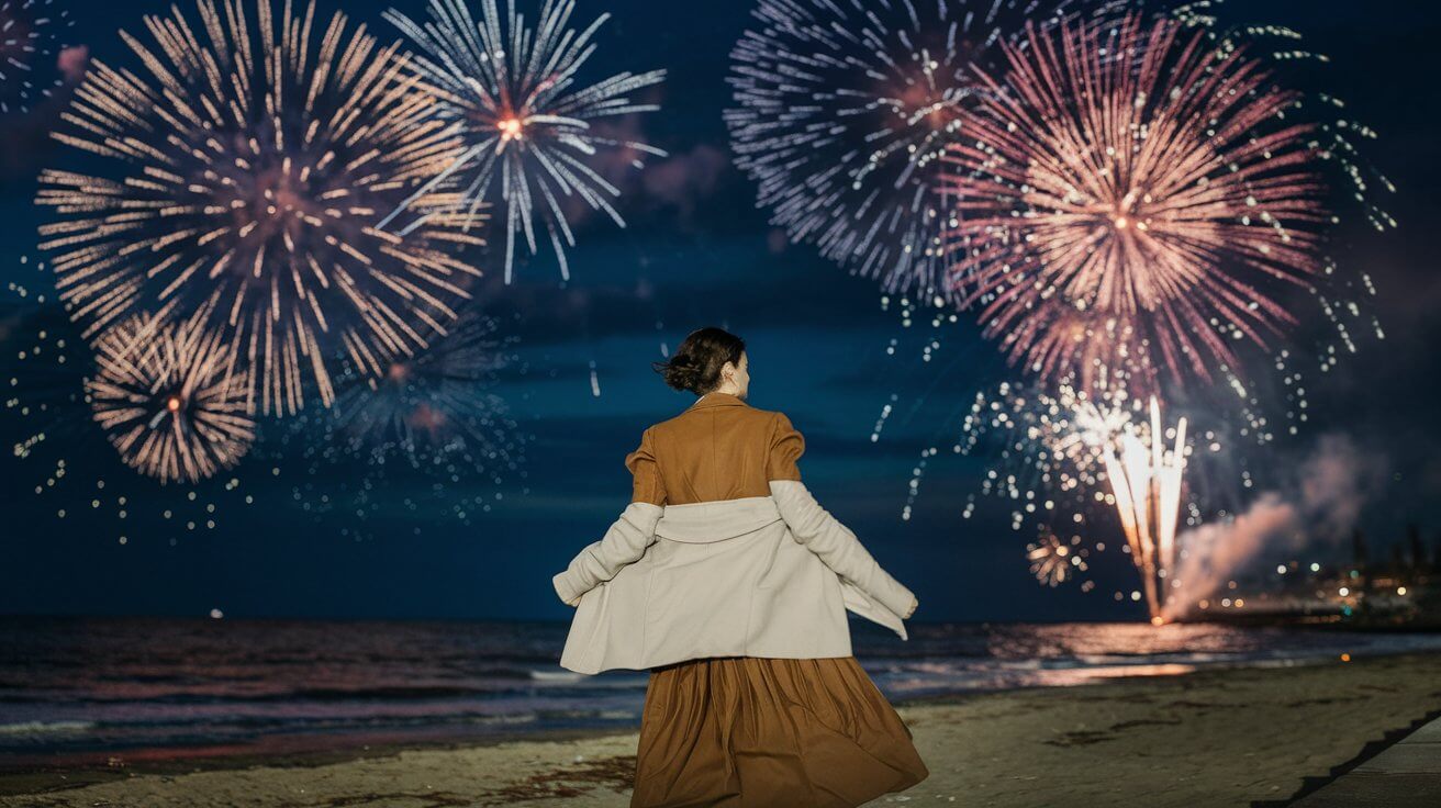 menina na praia passando o ano novo de marrom