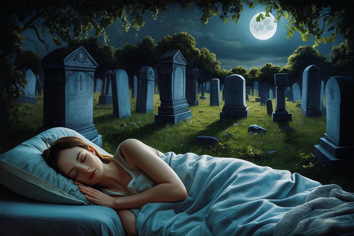 mulher dormindo em um cemitério a noite
