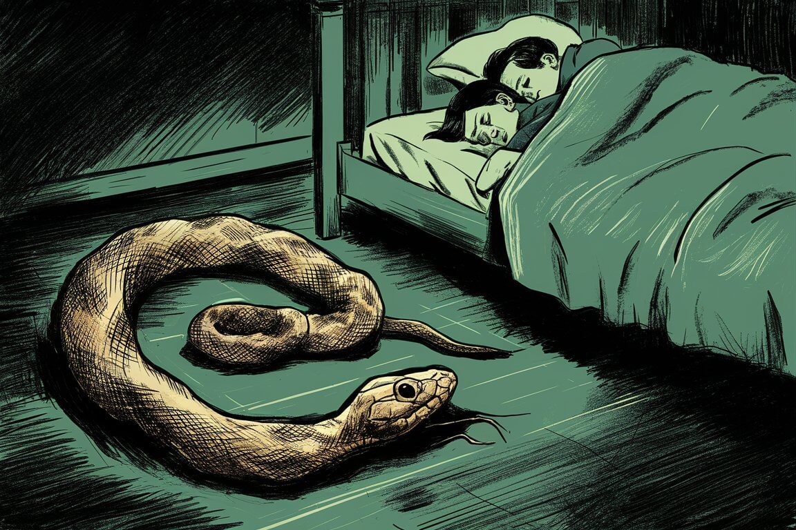 casal dormindo com uma cobra ao lado, no chão