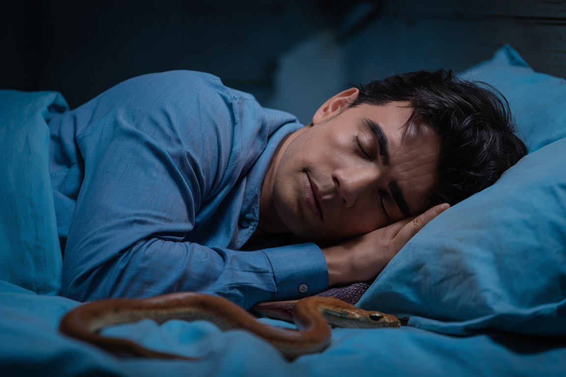 homem dormindo com uma cobra morta ao lado dele na cama