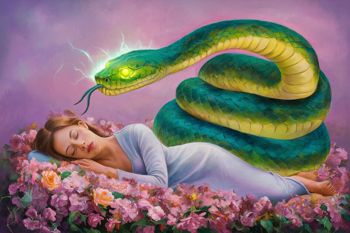 mulher dormindo sob as flores enquanto sonha com cobra verde