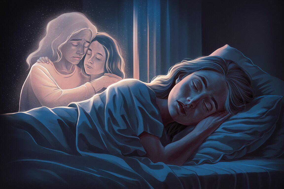 mulher deitada na cama sonhando com a sua mãe falecida