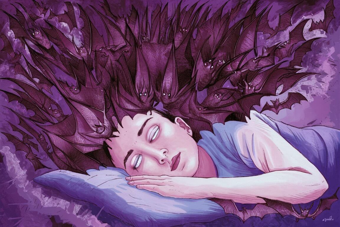 desenho de pessoa sendo atacada por morcego enquanto dorme