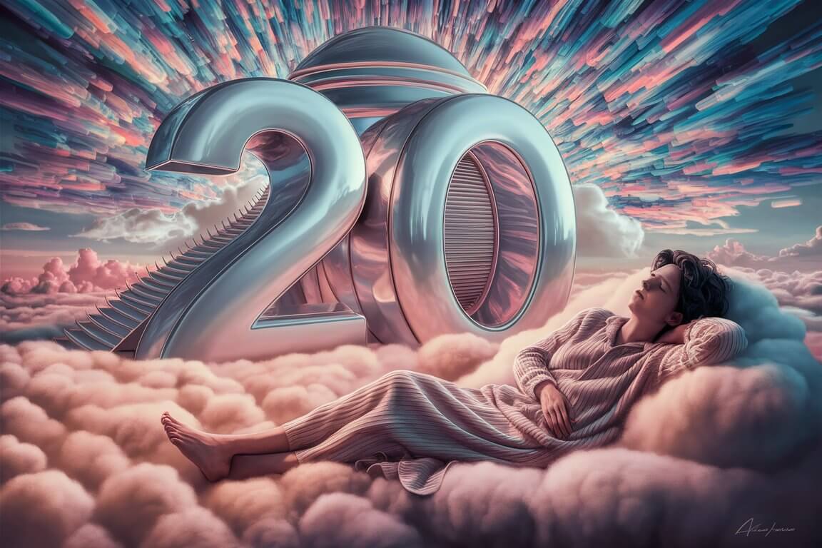homem dormindo nas nuvens sonhando com o número 20
