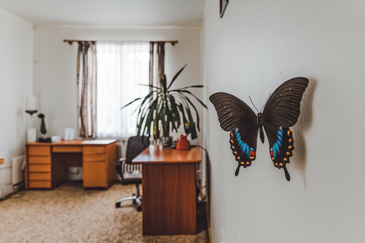 borboleta preta com azul pousando na parede dentro de casa