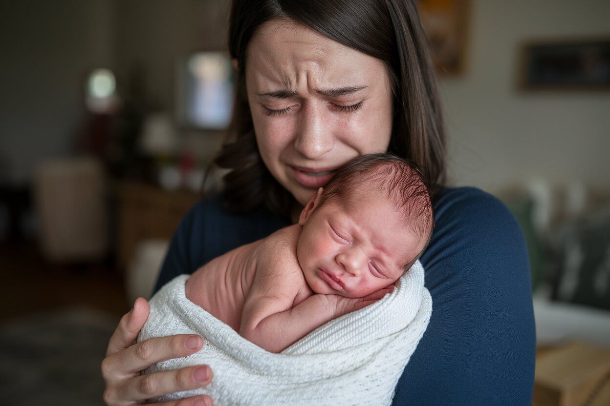 mulher chorando enquanto segura um bebê recém nascido